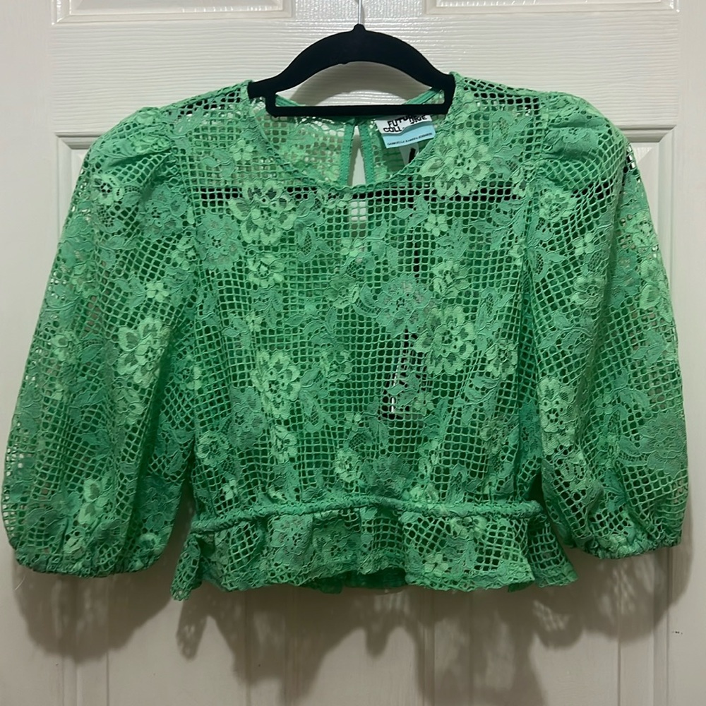 Bright Green Crochet Lace Crop Top with Ruffle Hem